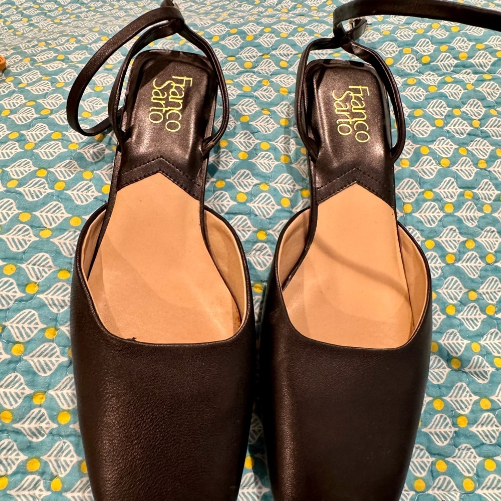 Franco Sarto Jolee; Women’s ankle strap, square toe, Black Leather Flats; 8M.